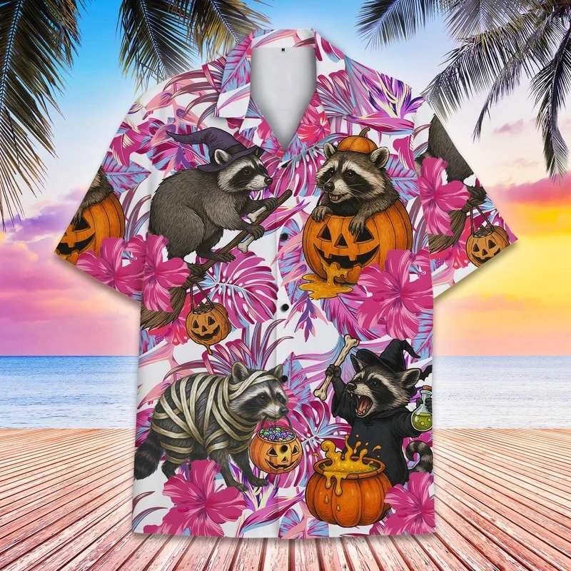 Vintage Hawaiian Floral Shirt - Men's Summer Hawaiian Raccoon Pumpkin Y2k