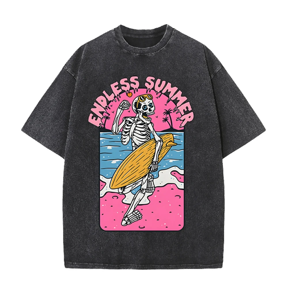 Acid Wash Vintage Graphic T Shirt - 2026 Vintage Skeleton Surfer Endless Summer