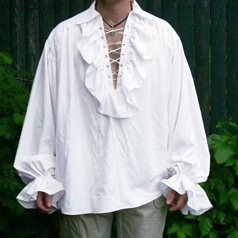 S-5XL Medieval Pirate Hallowee - Medieval Gothic Lace Up Pirate Shirt review and price